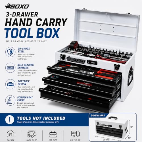 Boxo USA Hand Carry Tool Box 3-Drawer Heavy Duty Steel Toolbox with Lock System (White) - color: White