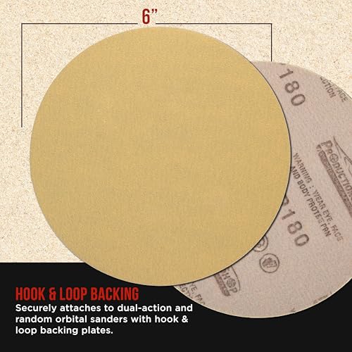 ProductionShop Premium 180 Grit 6" Gold Sanding Discs, Box of 100 - Hook & Loop Backing Abrasive Sandpaper for DA & Random Orbital Sanders - Sand Automotive Paint, Metal, Wood, Woodworking Furniture - style: 180 Grit