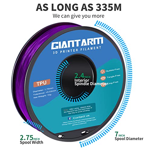 GIANTARM 95A TPU 3D Printer Filament 1.75mm, 1kg, Clear Purple, +/- 0.03mm - color: Tpu-purple