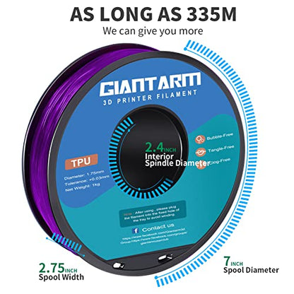 GIANTARM 95A TPU 3D Printer Filament 1.75mm, 1kg, Clear Purple, +/- 0.03mm - color: Tpu-purple