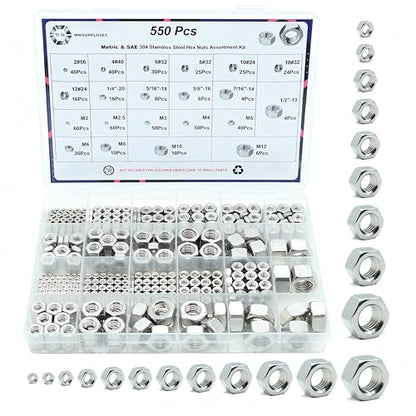 550Pcs SAE & Metric Hex Nuts Kit, 304 Stainless Steel Hex Nut Kit - size: Metric and SAE Kit---550Pcs