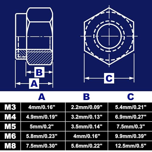 150 Pcs Metric Nylon Insert Hex Lock Nuts 304 Stainless Steel Locknuts Assortment Kit, M3 M4 M5 M6 M8 Standard Threaded Nylock Nuts for Screw Bolt, Self Locking Nuts Set with Storage Box - size: M3-M8