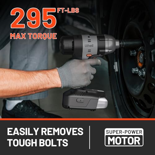 LiTHELi 20V Cordless Impact Wrench Kit with 2.0Ah Battery, 1/2" Hog Ring Impact Gun, Max 295ft-lbs & 3000IPM, 5 Torque Settings, 4 Sockets for Car Tire, Home Garage & DIY (Charger Not Included) - color: Pitch Black