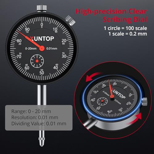 XUNTOP Dial Indicator with 176lbs/80kg Magnetic Base,1inch/0.001inch Imperial Dial Test Gauge Set with Storage Case for Lathe,3D Printer,CNC,Car,Workshop
