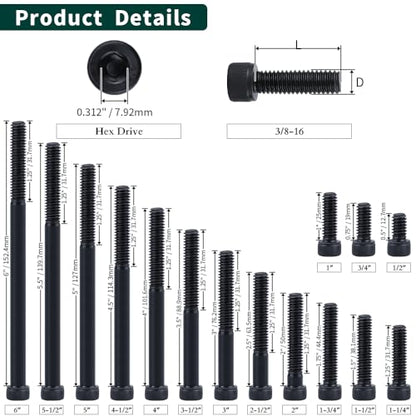 3/8-16 x 1 Socket Head Cap Screws Bolts, 12.9 Grade Alloy Steel, Black Oxide Finish, Allen Hex Drive, Full Thread, 10 PCS - size: 3/8-16 x 1"