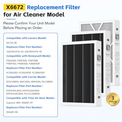3-pack X6672 MERV 16 Filter, 16X25X5 Filter Compatible with Lennox X6672 and Lennox HCC16-28 Healthy Climate Carbon Clean MERV 16 Home Furnace Filter for HVAC System, Part # HCF16-16, HCF16-10 - style: b.3-pack X6672 16X25X5 Filter