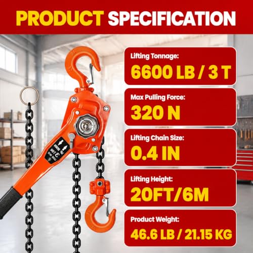 3 Ton Manual Lever Chain Hoist, 6600 LBS Heavy Duty Come Along Ratchet Puller, 20 FT G80 Alloy Steel Chain with Dual Pawl Brake for Auto Repair, Warehouse, Farm