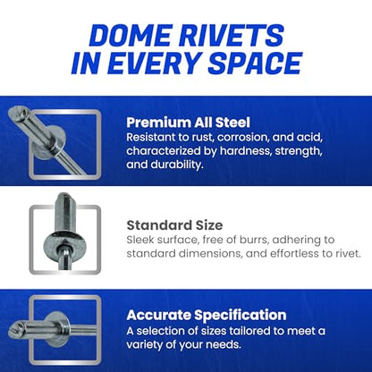 Fastenere Pop Rivets - 1/8" x 3/16" (100 pcs) Heavy Duty, Open-End, Low Carbon Steel, Dome-Head Blind Rivets, Corrosion-Resistant & High Shear Strength, 4-3 Gap 0.126"-0.187" - size: 1/8" x 3/16" (4-3) (100 Pack)