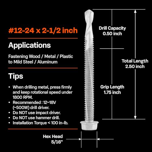 SUNKIN 46PCs Self Tapping Screws for Metal, Hex Head #12 x 2-1/2 Inch, Self Drilling for Thick Steel, Less Effort Installation, Long Lasting Anti Rust Coating - size: #12 x 2-1/2 inch(46pcs)