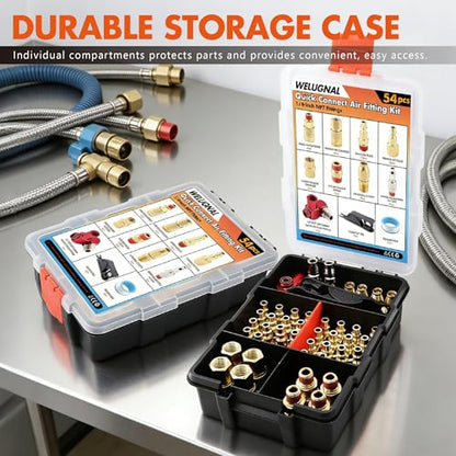 54PCS 1/4 Inch NPT Industrial Air Hose Fittings,Copper-Plated Pneumatic Quick Connect Coupler Kit with 360° Swivel,Adapters,Thread Tape & Tube Cutter | for Air Compressor & Automotive Repair