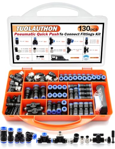 130PCS 1/4" OD Quick Connect Air Hose Fittings Kit, Push to Connect 1/4 1/8 3/8 1/2 NPT Threads&Reducer Pneumatic Line Assortment for Air Compressor, Air System, Auto and Trailer Repair - size: 130PCS