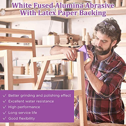 LotFancy 400 Grit Sandpaper, 30PCS 9 x 11” White Fused Alumina Wet Dry Sanding Sheets, for Automotive Metal Sanding Polishing, Wood Finishing, Purple - size: 400 Grit