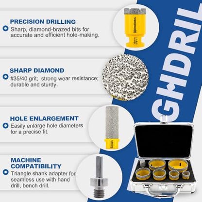 HIGHDRIL Diamond Drill Bits Kit with 5/8-11 for Porcelain Tile Ceramic - size: Thread Set2