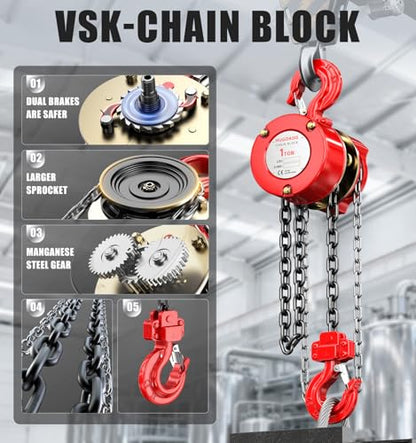 1 Ton Chain Hoist, 2200 lbs Capacity Manual Chain Block with 10 FT Lift, G80 Steel Chain, Dual Brake System & Safety Hooks, Compact Low Headroom Hoist for Garage, Warehouse,Construction Sites - color: Red, size: 1Ton 10FT