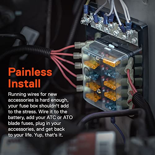 True Mods 10 Way Blade Fuse Block with Ground Negative Bus bar for Automotive [ATC/ATO Blade Fuses] [100 Amp] [LED] [Protection Cover] [12V - 30V DC] Auto Marine Ground Terminal Fuse Box - size: Fuse Box with Busbar (Pack of 1)