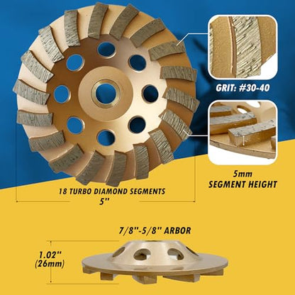 5" Diamond Grinding Wheel for Concrete Masonry 18 Segments 7/8"-5/8" - style: 5" Diameter - 18 Segments