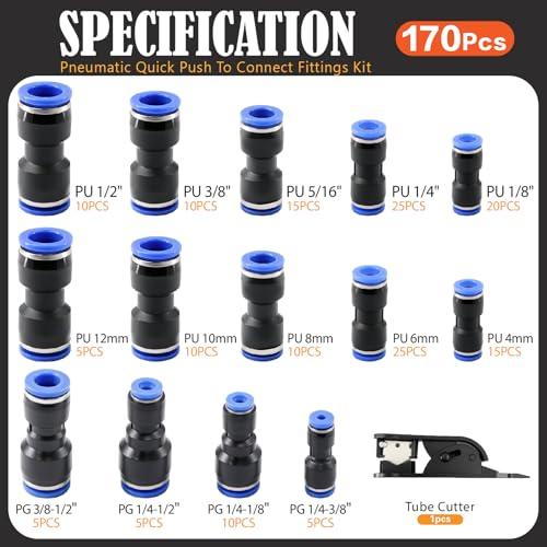 170Pcs Straight Push to Connect Fittings Kit,1/4"5/16"1/2"3/8"1/8" Fittings - color: 170Pcs-blue