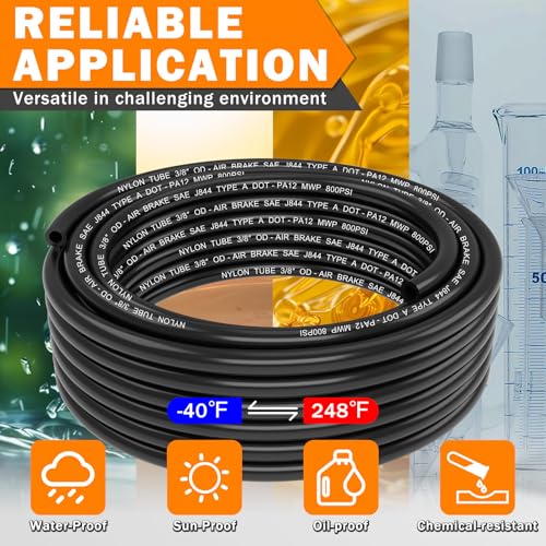 CheeMuii 30FT 3/8" DOT Air Line 3/8 Air Hose PA12 Nylon Pneumatic Tubing - color: Black, size: 3/8"OD-30FT
