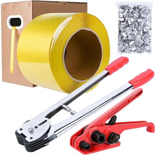 MYFAMIREA Heavy Duty Banding Strapping Kit with Tensioner Tool, 1/2"x 3500FT Polypropylene Plastic Packaging Strapping, 300 Metal Seals, Sealer Tool for Pallets, Logistics, Warehouse (Red) - style: Strapping Kit-Yellow