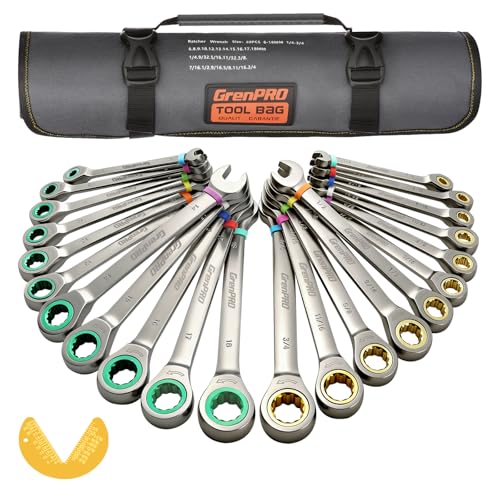 GRENPRO 22 Pack Ratcheting Wrench Set, Combination Wrench Set Metric And Standard & SAE With Color Ring, 1/4" to 3/4" & 6-18mm, 22 Pack Open End Ratchet Wrenches With Roll Up Pouch