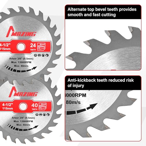 MAZING 4 PCS 4-1/2 Inch 24T&40T Circular Saw Blades, 4.5 inch TCT Compact Circular Saw Blade with 3/8" Arbor, ATB Design, Fit for Woodworking Cutting Plywood, Soft & Hardwood, Wood with Nails - style: 4-1/2" 24&40T-4Pack
