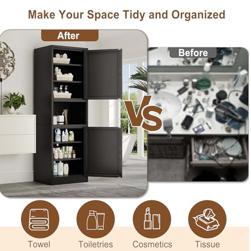 67" Tall Narrow Bathroom Storage Cabinet, Metal Pantry Cabinet, Black - color: Black, size: 15.8"D x 19.7"W x 67"H