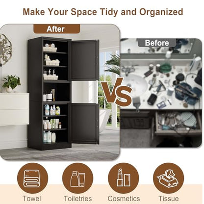 67" Tall Narrow Bathroom Storage Cabinet, Metal Pantry Cabinet, Black - color: Black, size: 15.8"D x 19.7"W x 67"H