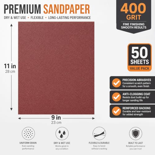 50 Sheets 400 Grit Wet Dry Sandpaper 9 x 11 Inch Brown Alumina