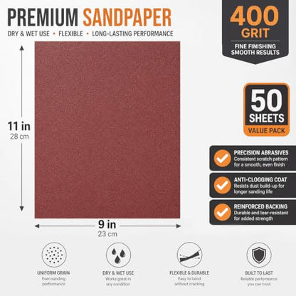 50 Sheets 400 Grit Wet Dry Sandpaper 9 x 11 Inch Brown Alumina