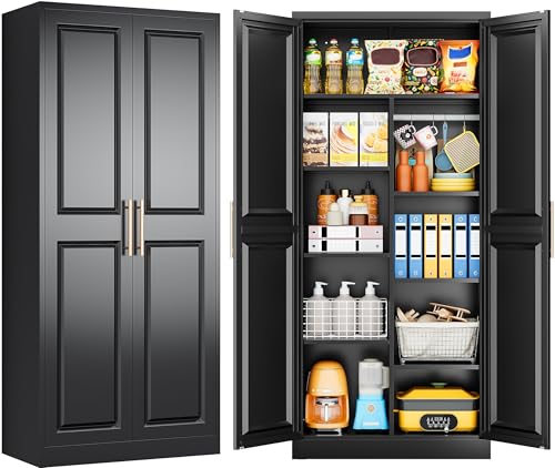 SISESOL 71" Tall Storage Cabinet with 9 Shelves and Hanging Rod,Kitchen Pantry Cabinet with 2 Door,Black Metal Storage Cabinets,Large Cupboard for Home,Kitchen,Laundry,Bathroom - color: Black, size: 31.5"W