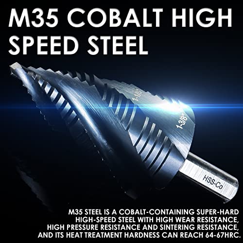 Matework M35 Cobalt Step Drill Bit, Four Spiral Flute Unibit Step Drill Bit (3/16"-1-3/8") Wear-Resistant TiAlN Coated, 3/8" Shank for Metal, Carbon Steel, Stainless Steel, Wood, Plastic (19 Size) - size: 1/4"-1-3/8"