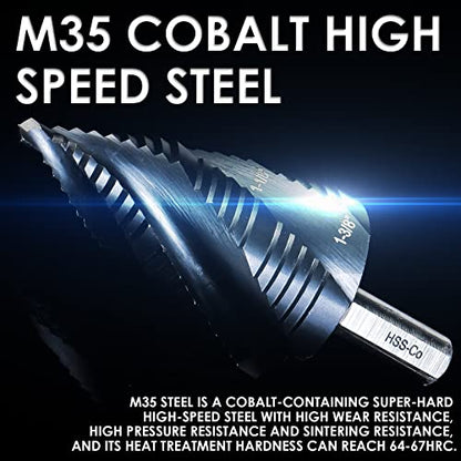Matework M35 Cobalt Step Drill Bit, Four Spiral Flute Unibit Step Drill Bit (3/16"-1-3/8") Wear-Resistant TiAlN Coated, 3/8" Shank for Metal, Carbon Steel, Stainless Steel, Wood, Plastic (19 Size) - size: 1/4"-1-3/8"