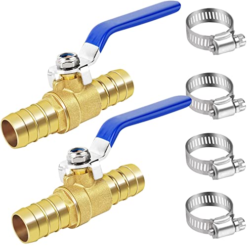 Brass Hose Barb Ball Valve Kit-2pcs 3/4'' Heater Hose Shut Off Valve with Stainless Steel Clamps-High Temperature Resistance Shut off PEX Ball Valve for Water, Oil, Gas, Fuel line Fittings - size: 3/4 inch (19mm), style: 2 pcs