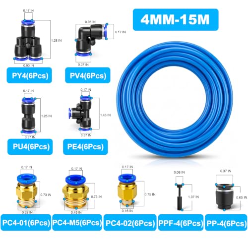 56PCS Blue PU Air Hose Pipe Tube Kit, 4mm OD 2.5mm ID, 50FT - color: Blue, size: 4mm OD x 50FT