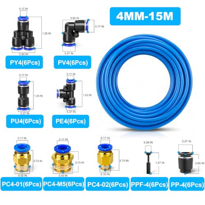 56PCS Blue PU Air Hose Pipe Tube Kit, 4mm OD 2.5mm ID, 50FT - color: Blue, size: 4mm OD x 50FT