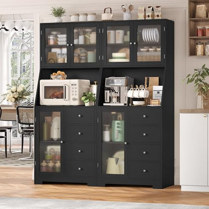 BOTLOG 64'' Kitchen Pantry Storage Cabinet, Tall Kitchen Storage Cabinet with Microwave Stand, Hutch Cabinet with Adjustable Shelves, for Dining Room, Black - color: Black