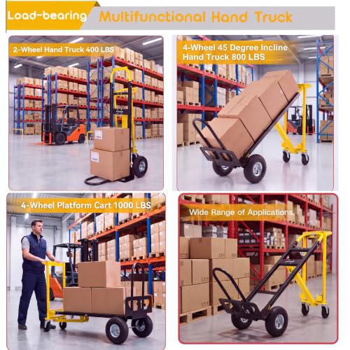 1000 LBS Heavy Duty Steel Convertible Hand Truck Dolly Cart, 3-in-1 Folding Hand Truck, Portable Hand Cart with Big Wheels, Multi-Position Utility Moving Dolly for Furniture, Yellow - color: Yellow-2