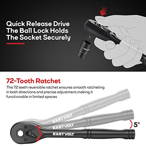 Eastvolt 46 Pieces Drive Socket Ratchet Wrench Set, Mechanic Tool Kits with 72 Teeth Reversible Ratchet, Extension Bar Set and Storage Case, Metric/SAE