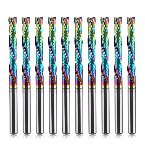 1/8 inch Shank Compression CNC Router Bits Spiral End Mill Wood Cutters 10 PCS, DLC Coating Compression CNC Spiral Bits 1/8 Cutting Dia, 22mm CEL, 2 Flutes Up &Down Cut Carbide End Mills - style: 3.175mm Shank-3.175mm Cutting Dia-22mm CEL compression CNC