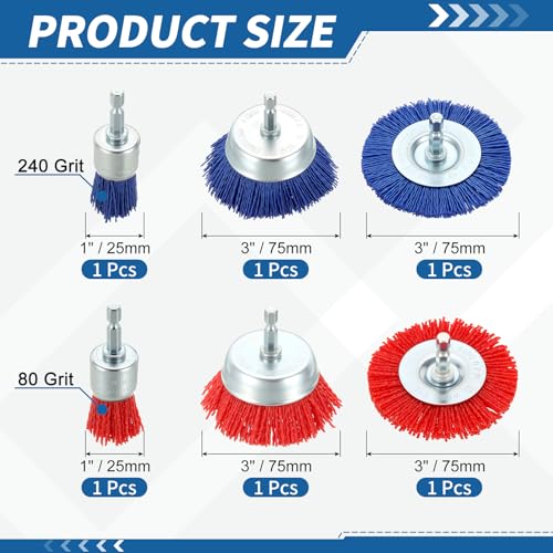 6Pack Wire Brush for Drill Set Crimping Steel 1/4" Hex Shank