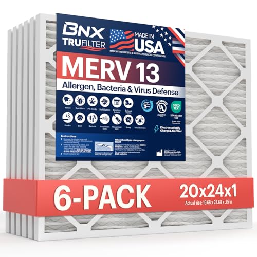 BNX TruFilter 20x24x1 Air Filter MERV 13 AC Filter, HVAC Furnace Filter, 6 Pack (ACTUAL SIZE 19.69"x24.69"x0.75") Allergies, Dust, Pet Dander & Smoke - MADE IN USA - MPR1500 / FPR 10 - size: 20x24x1 6-Pack