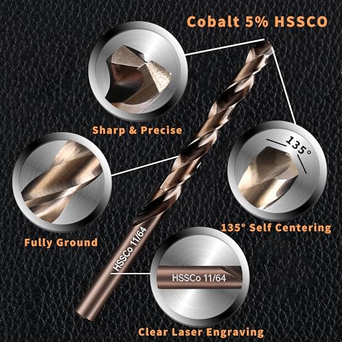 (15PCS) 11/64" Cobalt Drill Bit, HSS M35 Metal Drill Bits for Steel, Stainless Steel, Cast Iron, Hard Plastic and Wood - size: 11/64 15PCS Cobalt