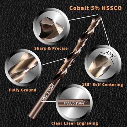 (15PCS) 11/64" Cobalt Drill Bit, HSS M35 Metal Drill Bits for Steel, Stainless Steel, Cast Iron, Hard Plastic and Wood - size: 11/64 15PCS Cobalt