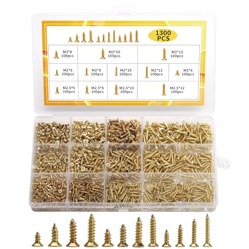 1300 Pcs Wood Screws Kit - M2 M2.5 M3 Flat Head Self-Tapping Screws - color: gold