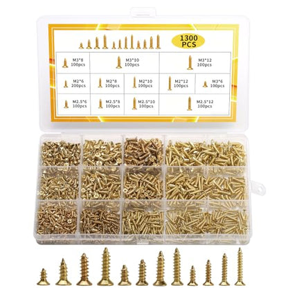 1300 Pcs Wood Screws Kit - M2 M2.5 M3 Flat Head Self-Tapping Screws - color: gold