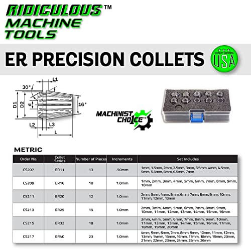 ER 11 High Precision Spring Collet SET 13 Piece 1MM - 7MM (0.0003) T.I.R. Machinist Choice - size: 13 PC SET