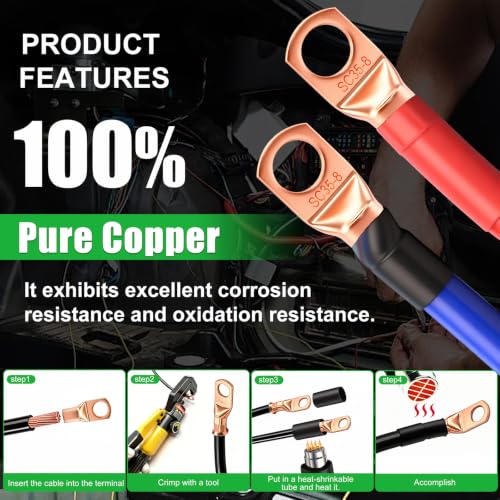 Twidec/25PCS AWG 2 Copper Wire Lugs Battery Cable Ends SC35-8,Ring Terminals Connectors,Copper Ring Terminals,Battery Terminals Connectors Kits with Heat Shrink - color: 26PCS