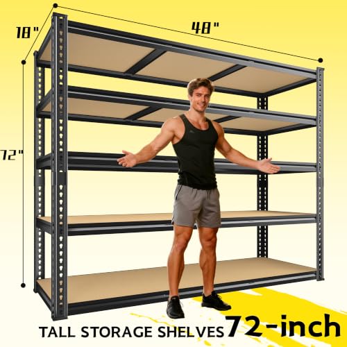 ROOMFAVE 48" W Garage Shelving Heavy Duty 2800LBS,5 Tier, Black, Industrial - size: 72" H x 48" W x 18" D