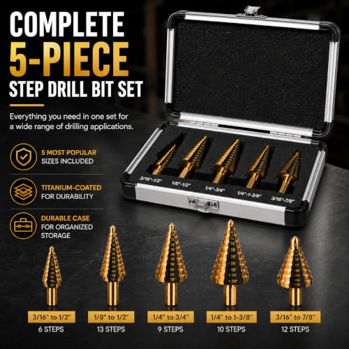 XtremepowerUS 5-Piece HSS Titanium Step Drill Bit Set, 50 Hole Sizes Multi-Size Unibit Drill Bits for Sheet Metal, Wood, Plastic & DIY Projects with Storage Case - size: 5 Pieces Set