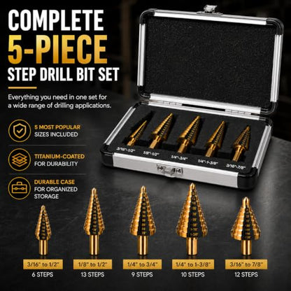 XtremepowerUS 5-Piece HSS Titanium Step Drill Bit Set, 50 Hole Sizes Multi-Size Unibit Drill Bits for Sheet Metal, Wood, Plastic & DIY Projects with Storage Case - size: 5 Pieces Set